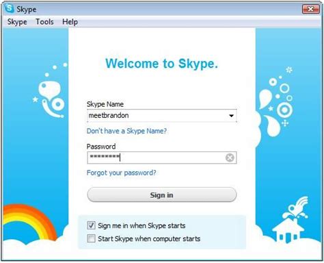 the skype login screen is shown
