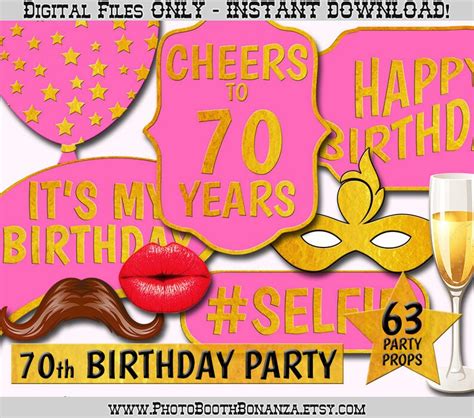70th Birthday Party Printable Photo Booth Props Gold Foil And Pink