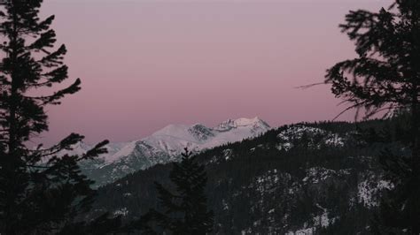 Download Wallpaper 1920x1080 Mountain Sunset Sky Trees Snowy Peak Full Hd Hdtv Fhd 1080p
