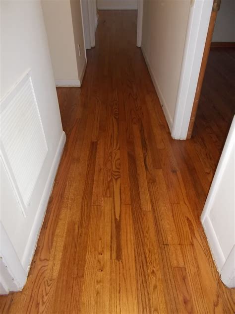 Real wood floors made from plywood. Hallway, red oak, Minwax Early American, satin finish ...