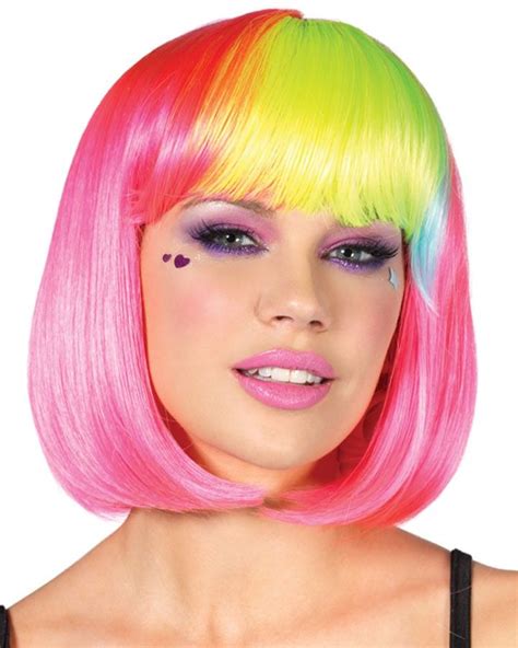 Neon Pink Rainbow Bob Wig Mardigras Costume Wigs Hair Pieces Leg