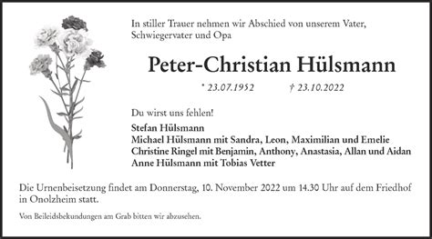 Traueranzeigen von Peter Christian Hülsmann Südwest Presse Trauer