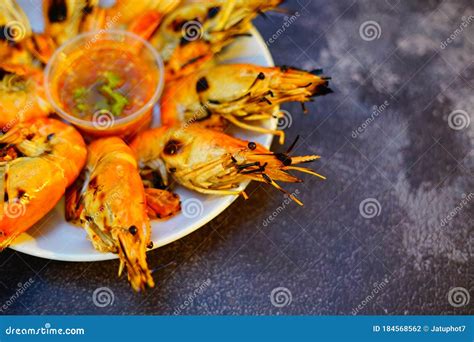 Grilled Shrimp Giant Freshwater River Prawn Grilling With Charcoal At