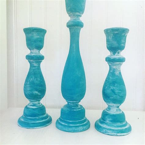 Wood Candlesticks Set Of Three Turquoise Chalky Finish Etsy Country
