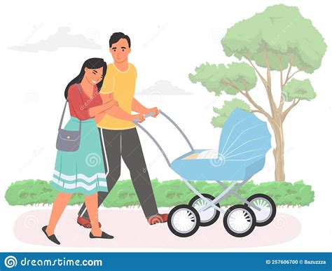 Happy Parent Walking Baby In Stroller Vector Stock Illustration