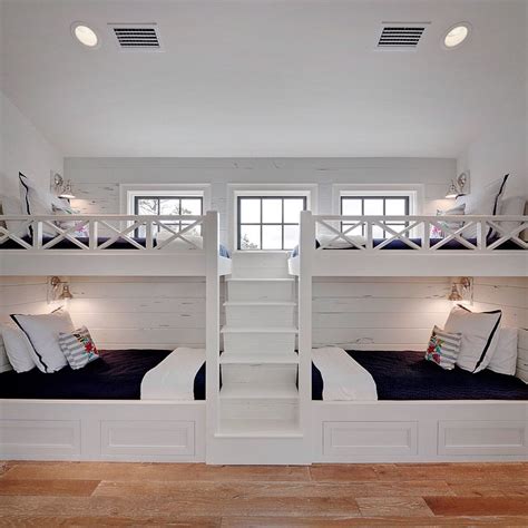 White Built In Bunk Beds With Navy Bedding Cottage Boys Room