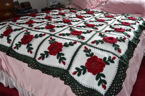 Dark Red Christmas Rose Afghan Blanket Throw Floral Crocheted