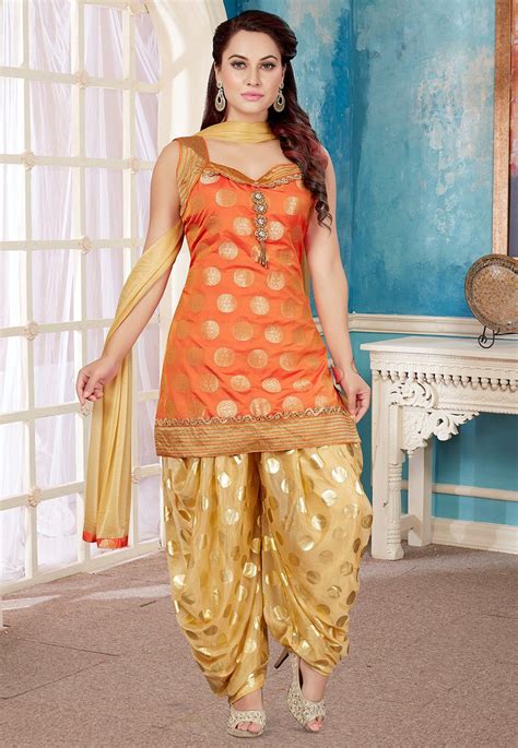 Embroidered Brocade Silk Punjabi Suit In Orange Designer Party Wear Dresses Party Wear