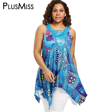 Plusmiss Plus Size Floral Flower Boho Print Tunic Tank Tops 5xl Women