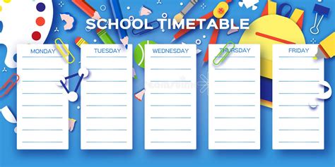 School Weekly Timetable School Equipment On Every Day Kids Schedule