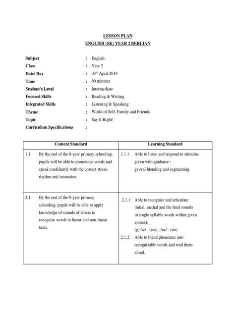 Copy of english cefr year 4: Lesson Plan English KSSR Year 2 | Lesson Plan | English ...