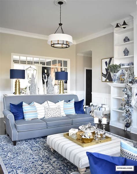 Rose gold home accessories are the hottest thing in décor right now. CHRISTMAS HOME TOUR : LIVING ROOM WITH BLUE, WHITE AND ...