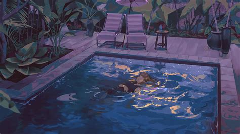 Women Looking Up Artwork Swimming Pool Night Reflection Anime Anime Girls In Water