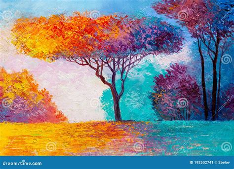 Oil Painting Colorful Autumn Trees Artistic Background Stock Image