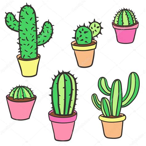 Cactus Set Vector Collection Of Cactus Hand Drawn Cactus Pot — Stock