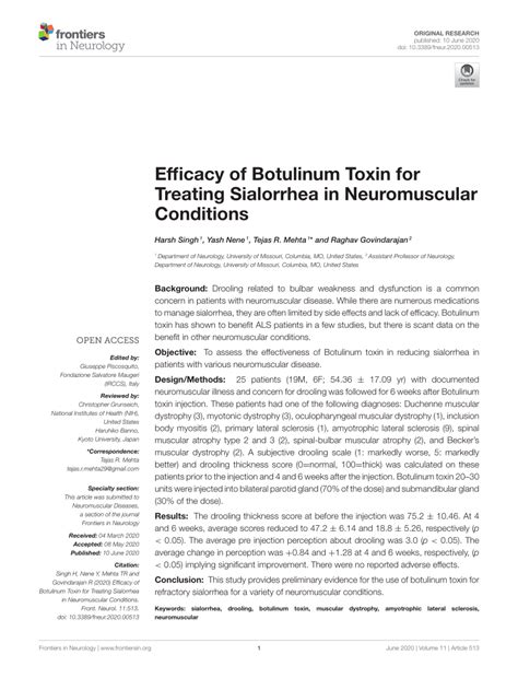 Pdf Efficacy Of Botulinum Toxin For Treating Sialorrhea In
