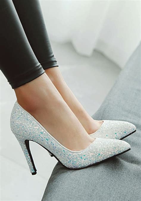 Weiß Punkt Zehe Stilett Pailletten Mode Glitzer High Heels Schuhe Damen Pumps Schuhe