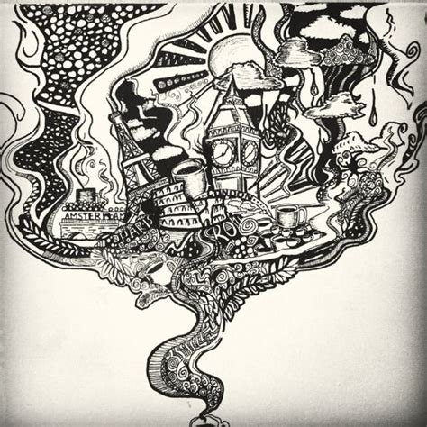 An Ink Drawing Of A Ship In The Middle Of Water With Other Things Around It