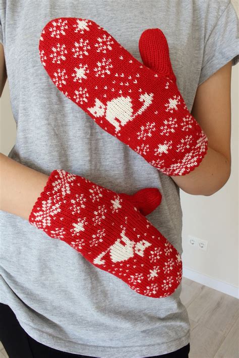 Hand Made Adult Mittens With Cat Pattern Etsy