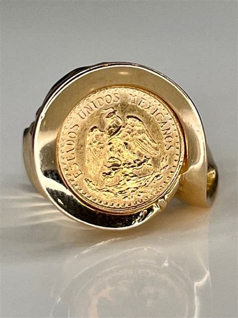 Vintage 18k Gold Dos Pesos Coin Bezel Ring With Genui Gem