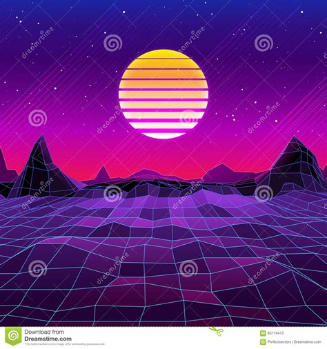 80s Retro Sci Fi Background With Sun And Mountains Stock