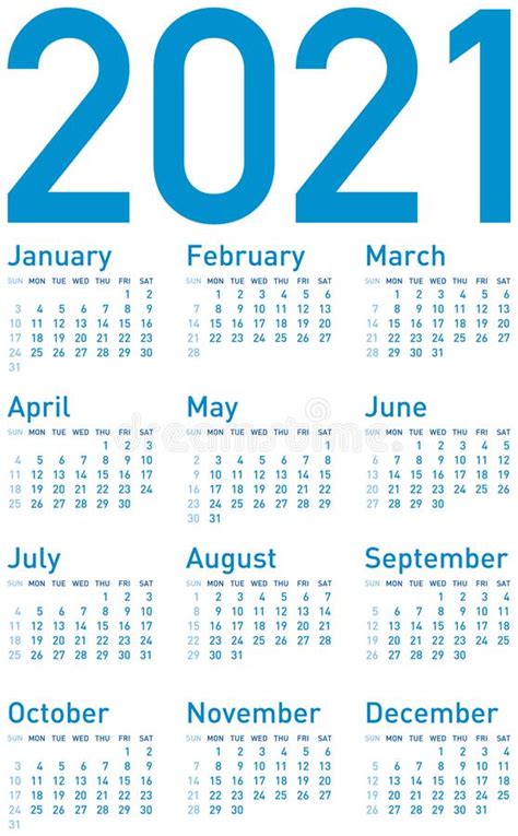 First day of the week option allows to choose weeks monday through sunday which is commonly used in. Simple 2021 year calendar stock vector. Illustration of element - 80462187