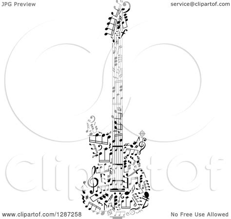 Clipart Of A Black And White Electric Guitar Made Of Notes Royalty