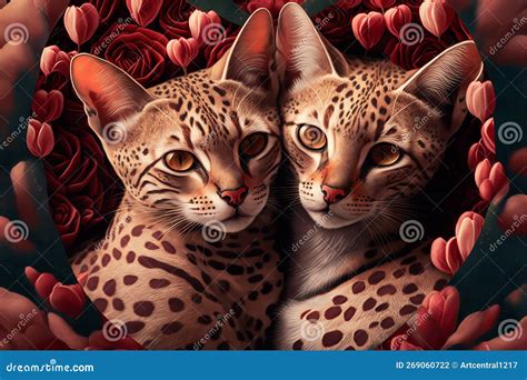 Valentines Day Cuddling Animals Ocicat Couple1 Generative Ai Stock