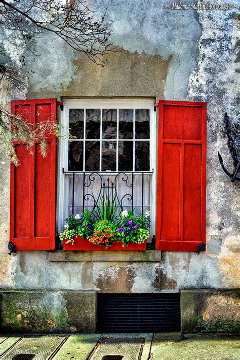 Rustic House With Red Window Box And Shutters Windows And Doors