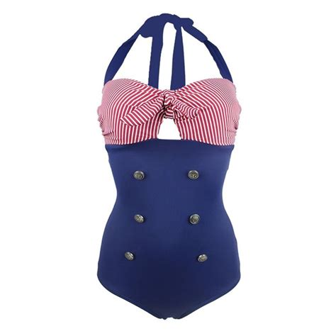 Womens Vintage Sailor Push Up Halter Neck One Piece Tankini Swimwear