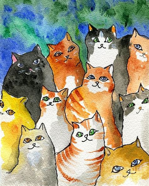 Many Cats Painting Many Cats Fine Art Print Watercolor Cat Cat