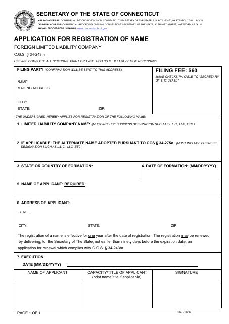 Connecticut Application For Registration Of Name Foreign Limited