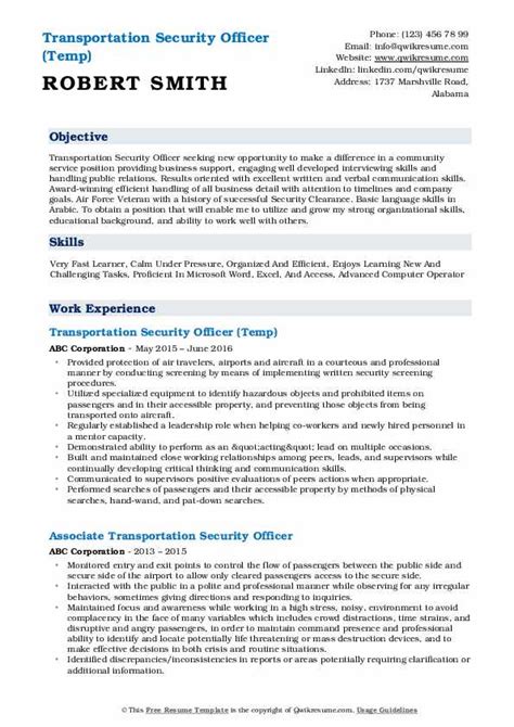 A security officer is sometimes referred to as an armed security officer. Transportation Security Officer Resume Samples | QwikResume