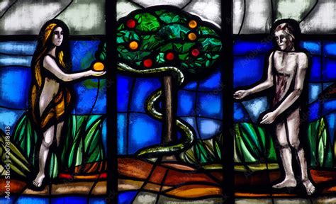 Adam And Eve With Snake In Paradise Stained Glass Stock Photo Adobe