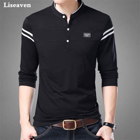 Blue and a white checked tee shirt with a polo collar and full sleeves. Liseaven Men T Shirt Man Long Sleeve tshirt Men's Clothing ...