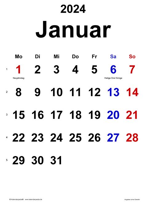 Kalender Januar 2024 Als Word Vorlagen