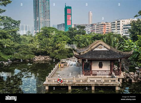 Pagoda Temple By Pond At Kowloon Walled City Park In Hong Kong Stock