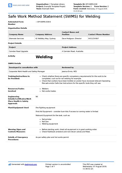Welding Safe Work Method Statement: Welding SWMS