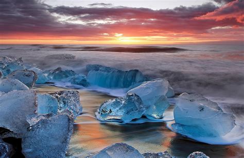 Landscape Sunset Ice Surf Sky Clouds Iceland Winter Wallpapers