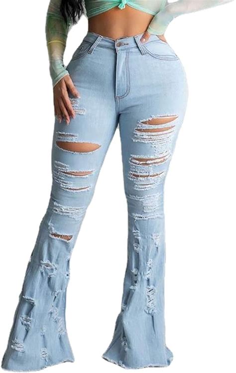 Womens High Waisted Ripped Bell Bottom Jeans Denim Pants Flared