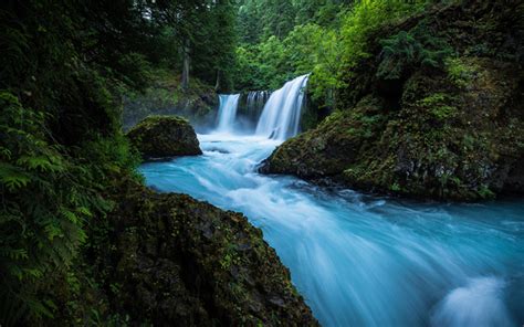 Download Wallpapers Waterfall Forest 4k Usa Forest Waterfall Rock