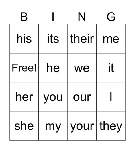 Possessive Pronouns Bingo Card