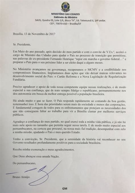 Ministro Bruno Araújo Encaminha Carta De Demissão A Michel Temer Gp1