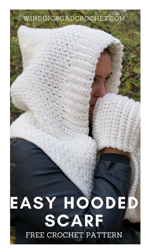 a woman wearing a hooded scarf with the text easy hooded scarf free crochet pattern