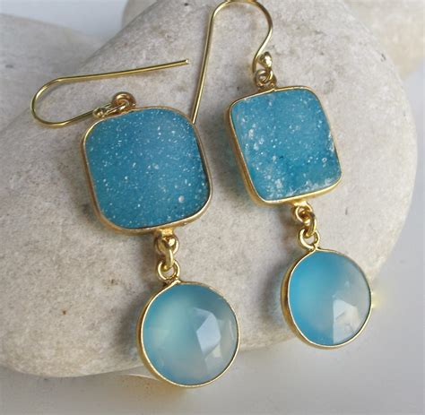 Blue Druzy Earring Gold Druzy Gold Dangle Drop Earring Handmade Blue