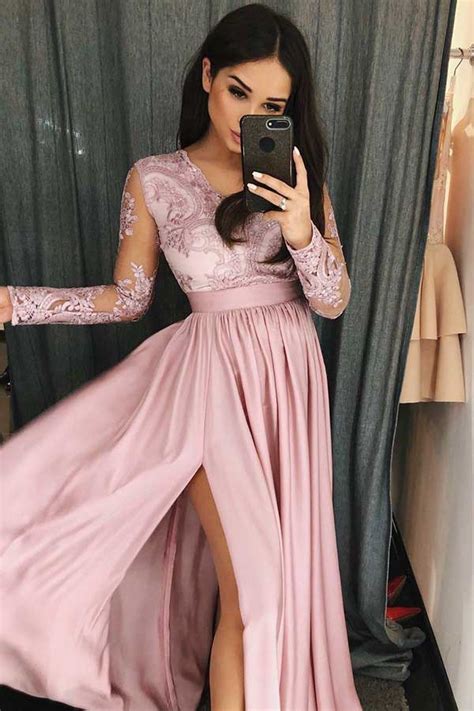 Simple V Neck Long Prom Dress With Long Sleeves Pink Split Evening Dress With Lace N1732