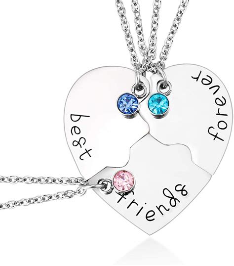Best Friend Forever And Ever 3 Pieces Rhinestone Bff Necklace Heart Shape Pendant Friendship
