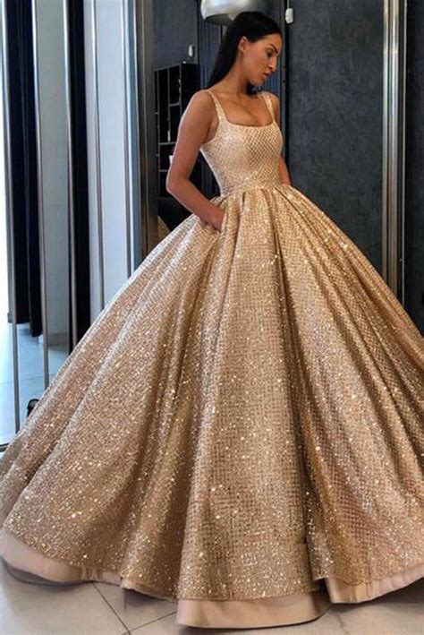 Ball Gown Prom Dress With Pockets Beads Sequins Floor Length Gold Quinceanera Dresses On Sale