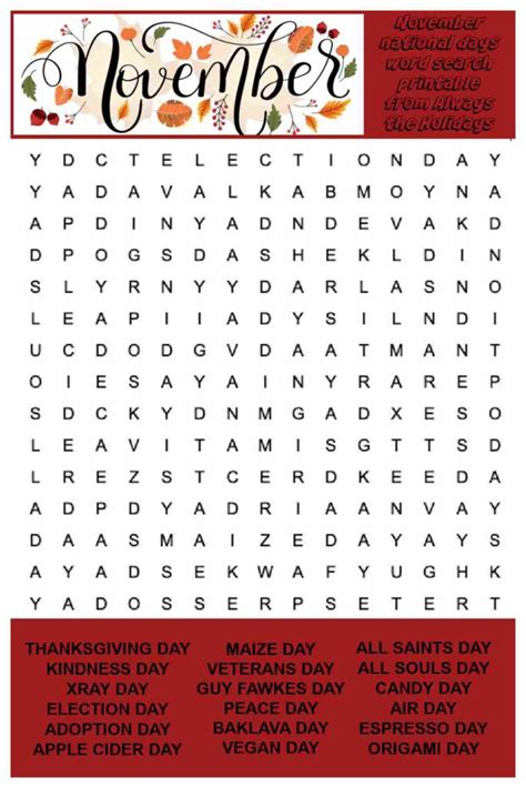 November Word Search Printable National Days Word Find Puzzle