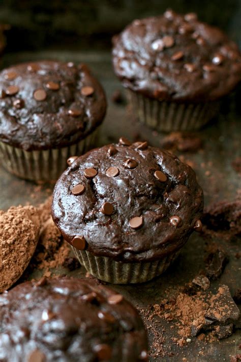 Healthy Double Chocolate Zucchini Muffins Running With Spoons